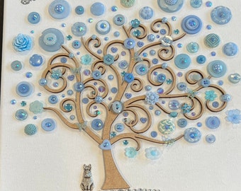 Button Tree Art, Blue Decor, Nursery Decor, Anniversary Gift, Custom Button Artwork, Unique Gift, Free Shipping, Ships in 24 hours