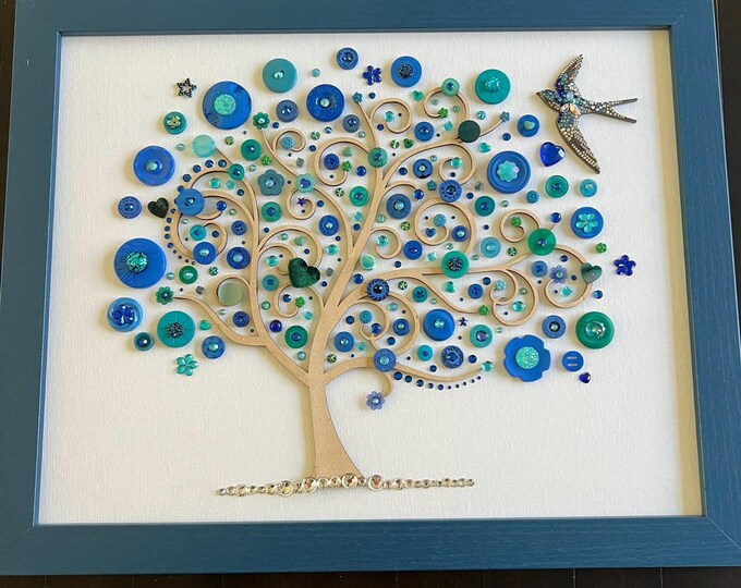 Tree Art, Button Tree, Vintage Buttons, Blue Decor, Upcycled Jewelry ...