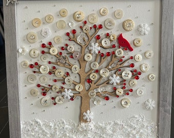 Cardinal Art, Button Tree, Winter Decor, Memorial Gift, Mothers Day Gift, Anniversary Gift, Vintage Buttons, Holiday Decor, Free Shipping