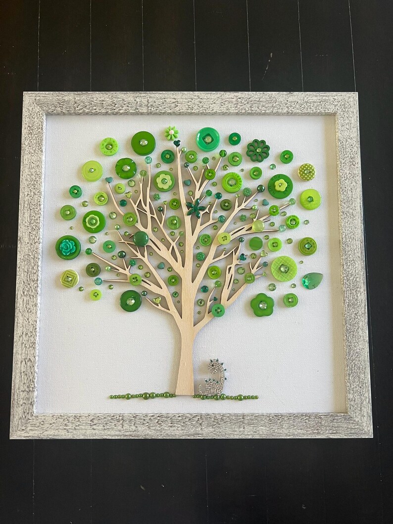 Button Tree Art: Green Vintage Buttons, Rhinestone Dinosaur, Childs ...