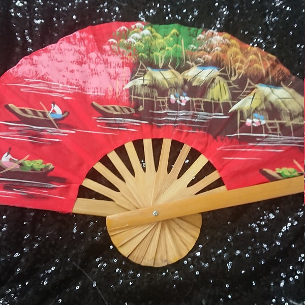 Vintage handpainted oriental wooden folding fan