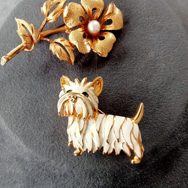 Gorgeous vintage gold tone enamel dog brooch and flower brooch
