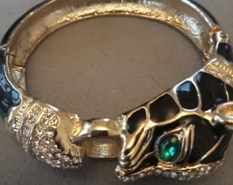 Gorgeous vintage black enamel lioness gold tone rhinestone bracelet