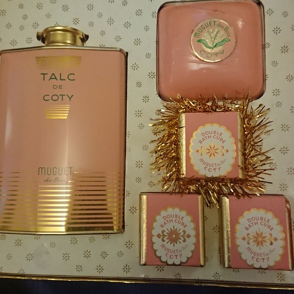 Unused 1950s Coty talc, soap and bath cubes boxed set