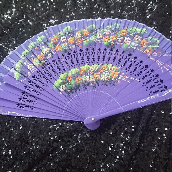 Vintage lilac oriental hand painted wooden hand fan