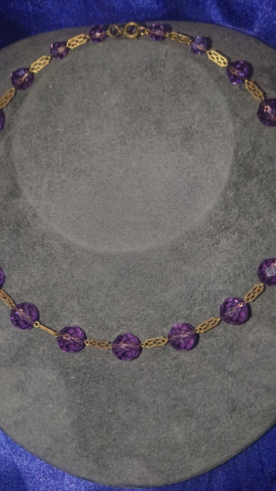 Lovely gold tone Art Deco purple glass necklace - image 1