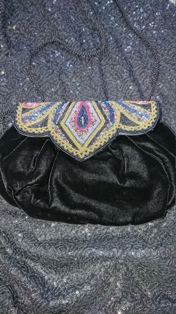Vintage unused black velvet and hand beaded shoul… - image 10