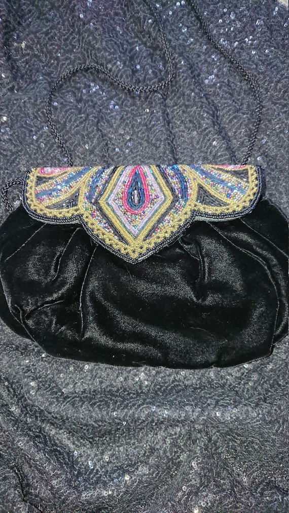 Vintage unused black velvet and hand beaded shoul… - image 1