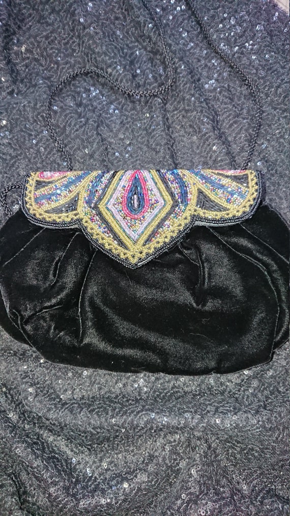 Vintage unused black velvet and hand beaded shoul… - image 2