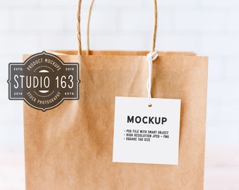 Square Gift Tag Mockup, Favor Tag on Brown Bag (Digital Download)