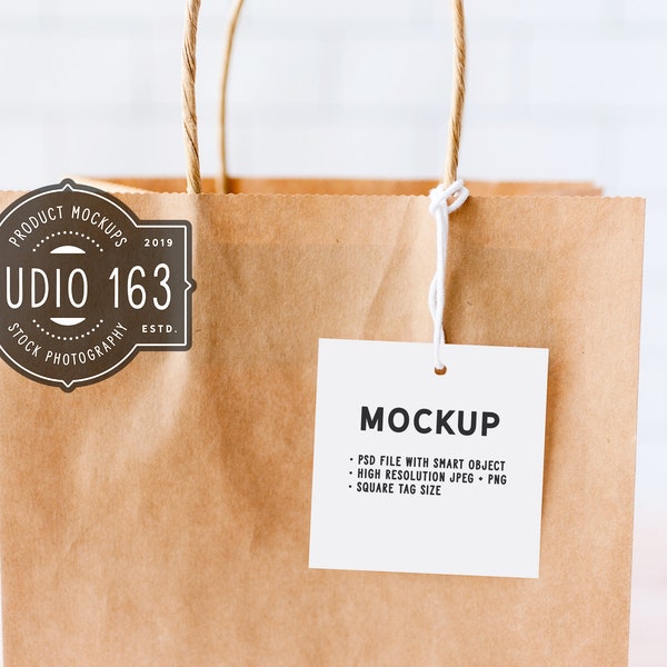 Square Gift Tag Mockup, Favor Tag Mockup, Wedding Tag Mockup, Gift Present Mockup, Tag on Brown Gift Bag