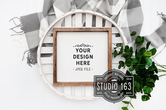 Wood Frame Farmhouse Style Sign Mockup Blank Wood Sign Add Your Design 12x12 Wood Sign Mockup JPEG Greenery INSTANT DOWNLOAD
