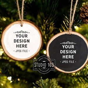Christmas Mockup | Wood Slice Ornament | Two Wood Round Ornament Mockup | Christmas Photo |  Add Your Design