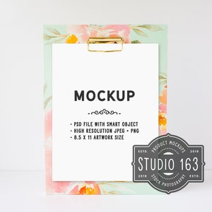 8.5x11 Clipboard Mockup, Floral Styled Clipboard Mockup, Stationery Mockup, Office Mockup, PSD, INSTANT DOWNLOAD