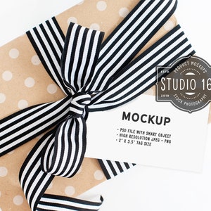 2x3.5" Gift Tag Mockup, Favor Bag Sticker Label Mockup, Kraft Paper with Black White Ribbon, Styled Stock Photo