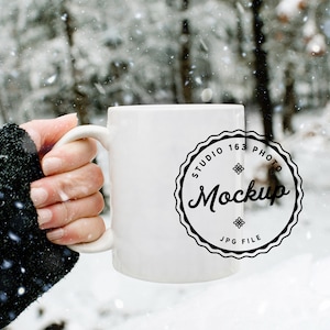 11 oz Mug Mockup | White Coffee Cup Mockup | Winter Snow Mockup | Styled Stock Photo
