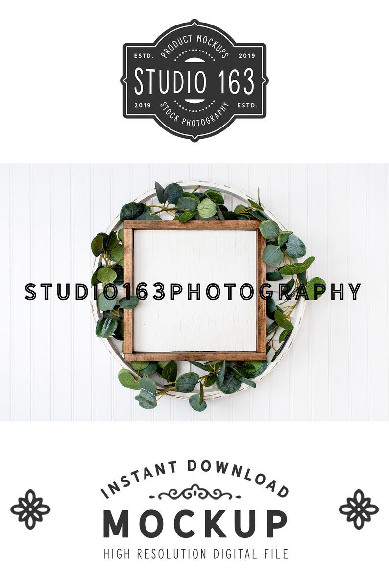 Wood Frame Farmhouse Style Sign Mockup Blank Wood Sign Add Your Design 12x12 Wood Sign Mockup JPEG Greenery INSTANT DOWNLOAD