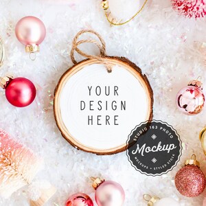 Wood Ornament Mockup | Christmas Ornament Photo | Wood Slice | SVG Mockup | JPEG File | Styled Stock Photo | Pink Christmas