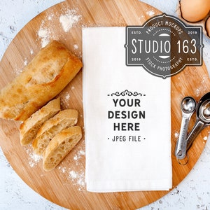 Blank Towel Mockup, White Tea Towel Mockup, Kitchen Mockup, Bread Baguette, Styled Stock Photo, JPEG