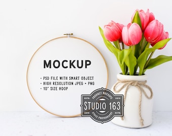 Embroidery Hoop Mockup, Round Embroidery, Cross Stitch Pattern Mockup, Styled Stock Photography, Pink Tulips, PSD, INSTANT DOWNLOAD