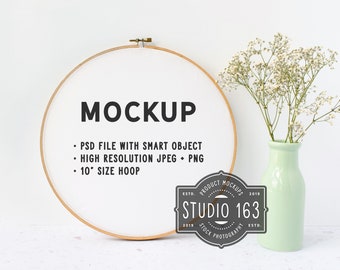 Stickrahmen Mockup, runde Stickerei, Kreuzstich Muster Mockup, gestylt Stock Fotografie, PSD, INSTANT DOWNLOAD