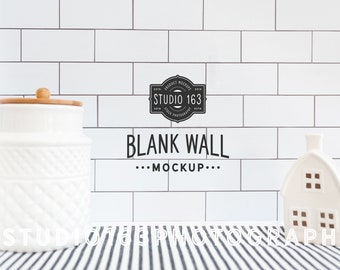 Blank Wall Mockup, White Subway Tile, White Canister, Kitchen Stock Photo Wall, Styled Stock Photo, Add Your Design, JPEG, INSTANT DOWNLOAD