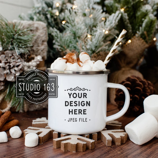 Camp Mug Mockup | White Enamel Mug Mockup | Winter Christmas Mockup | Blank Cup | Styled Stock Photo