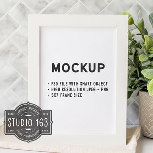 5x7 Frame Mockup, White Wood Frame Mockup, Desktop Frame, Green Plant, Stock Photo, PSD, INSTANT DOWNLOAD