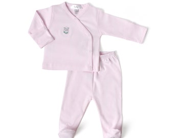 Pima Cotton Baby Kimono Outfit Set | Footie Pants Pajama | Pink Girl Layette