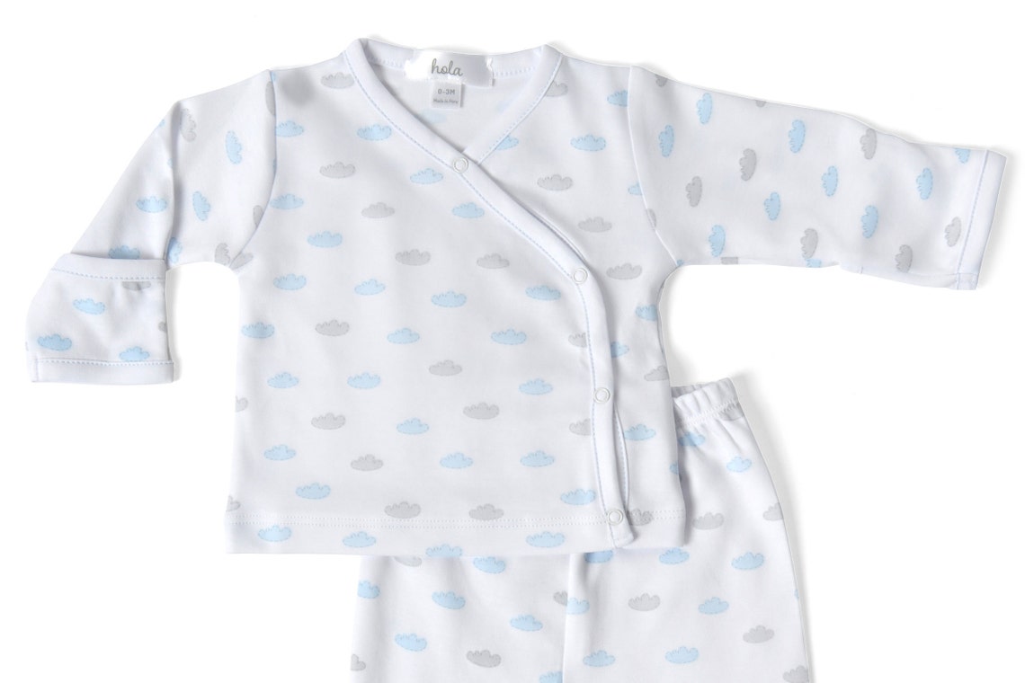Pima Cotton Baby Kimono Newborn Footie Pajama Blue Clouds Etsy