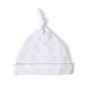 Pima Cotton Top Knot Baby Hat | Newborn Infant Hospital | Pink Birds Print | Girl Layette Outfit Beanie