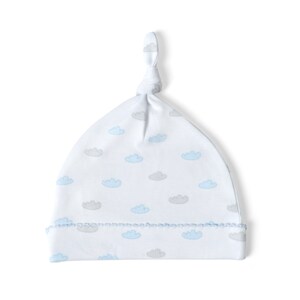 Pima Cotton Top Knot Baby Hat | Newborn Infant Hospital | Blue Cloud Print | Boy Layette Outfit Beanie