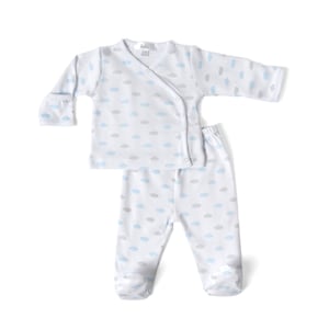 Pima Cotton Baby Kimono Set: Blue Cloud Print Footie Pajama