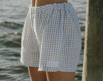 Simply Daring Gingham Boxer Shorts | Women's Lounge Shorts | Boxers | Blue Gingham | Eclectic Grandpa Style | Handmade