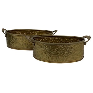 Floral Embossed Brass Oblong Planters Flower Pots Vintage Lot of 2 W/ Handles