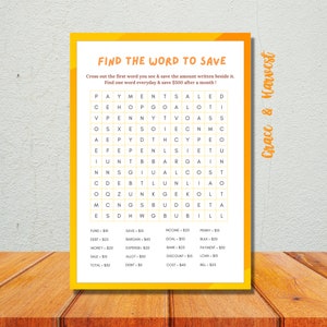 Puede incluir: Un rompecabezas de búsqueda de palabras imprimible amarillo y naranja con el título "Encuentra la palabra para ahorrar". El rompecabezas incluye palabras relacionadas con el ahorro de dinero, como "fondo", "ahorrar", "ganga", "ingresos", "objetivo", "a granel", "dinero", "venta", "descuento", "pago", "préstamo", "costo" y "factura".
