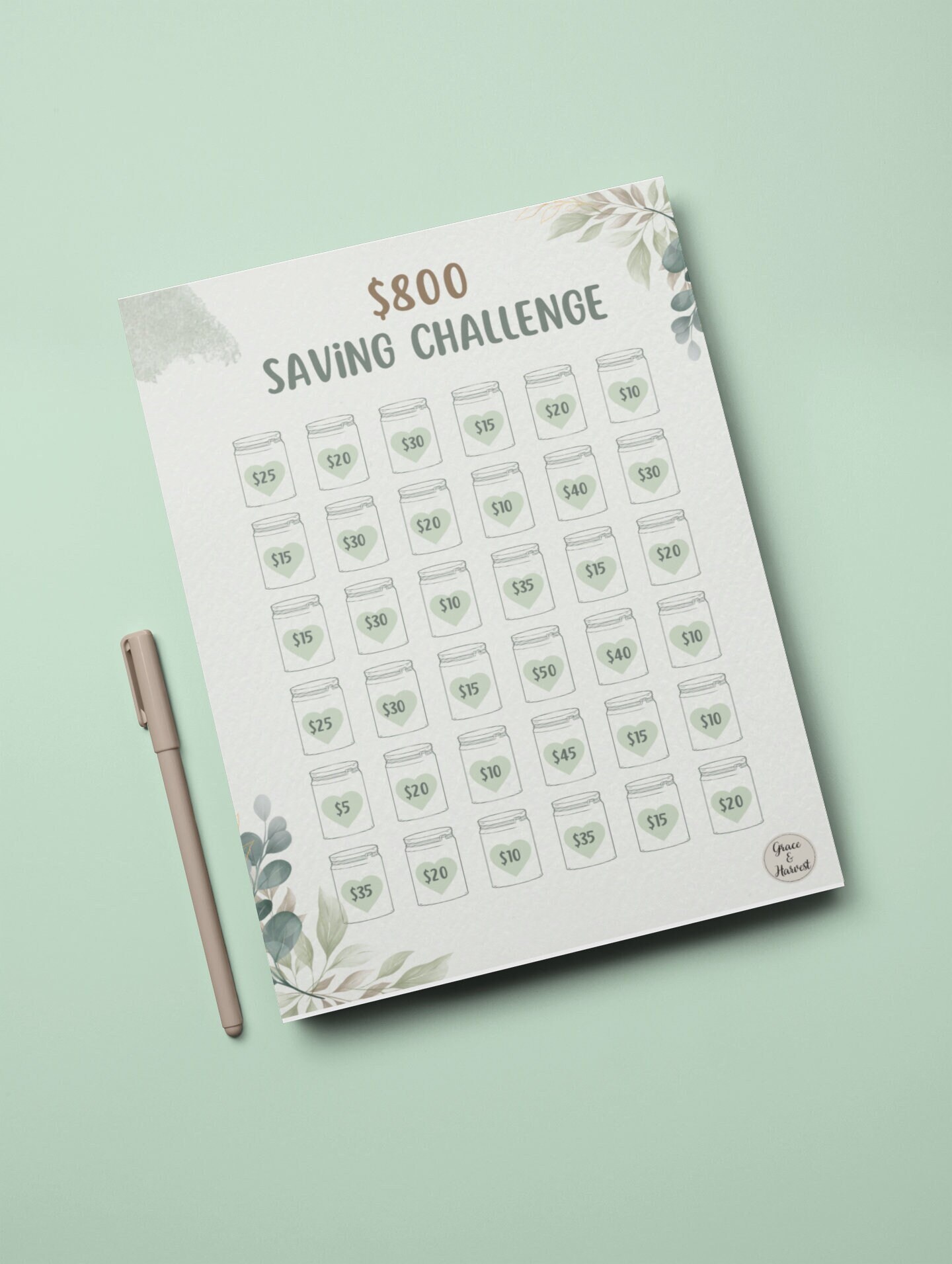 800 Dollar Savings Challenge | Printable Savings Tracker - Letter & A4 Size - PDF File
