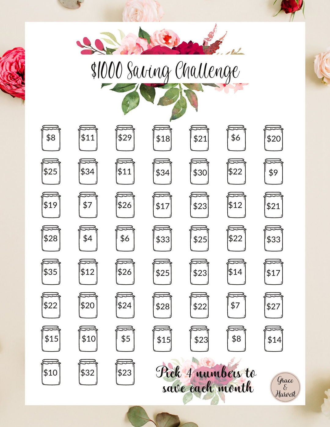 1000 Dollar Savings Challenge | Printable Savings Tracker - Letter and ...