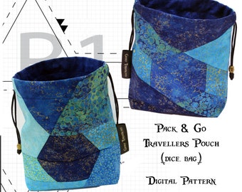 Patchwork drawstring bag PDF sewing pattern, makeup or cosmetic bag pattern, small drawstring pouch, easy sewing project, Pack & Go Pouch