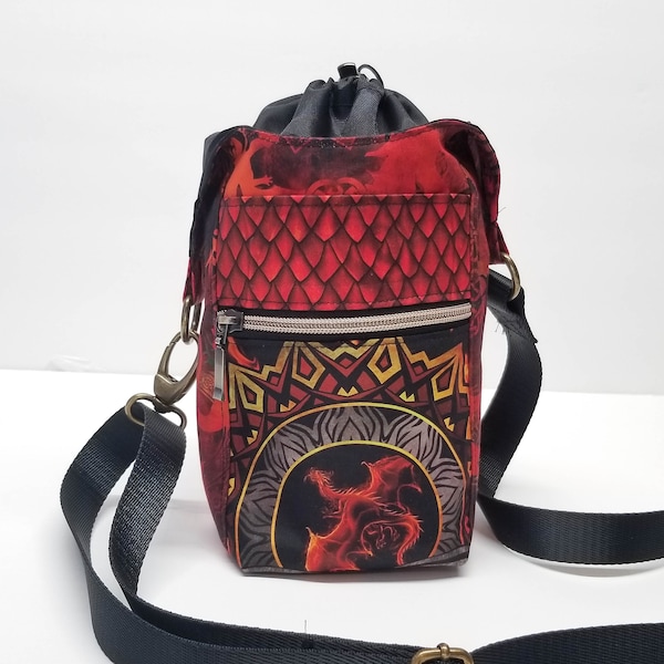 Red Dragon H2O 2GO Sling, Water bottle crossbody purse, with cell phone pocket and zipper pocket, geeky gift