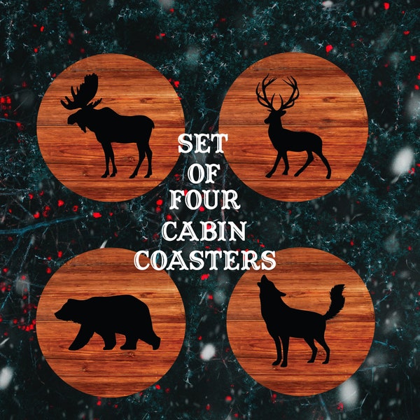 Cabin Style Woodgrain Animal Silhouette Round Coaster Set-Hardboard Coasters Bear Elk Deer Wolf Cozy Winter Gift Set Optional Coaster Stand