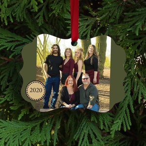 Ornament 2 Sided Family Photo with Sage and Merlot Accents Monogram on Back with Holly and Berry Wreath Christmas Gift Holiday Keepsake