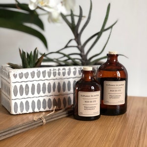 May include: Two amber glass diffuser bottles with cork stoppers and labels that read "BOIS DE OUD". A bundle of diffuser sticks and a white and gray patterned planter with greenery are also visible.