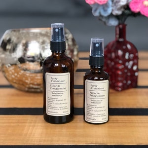 Peut inclure: Deux flacons en verre ambré avec des vaporisateurs, étiquetés "Spray d'intérieur Fleur de Frangipanier Fabrication artisanale" et contenant un liquide parfumé. Les flacons sont posés sur une surface en bois avec un vase rouge et des fleurs en crochet rose en arrière-plan.