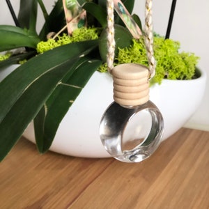 K&ouml;nnte beinhalten: Eine klare Glasflasche mit einem Holzdeckel h&auml;ngt an einer wei&szlig;en und goldenen Schnur. Die Flasche ist leer und hat eine runde Form. Die Flasche h&auml;ngt an einer Pflanze.