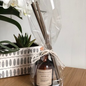 May include: A brown glass diffuser bottle with a label reading "Bois de Oud" and "Fabrication artisanale" is wrapped in clear cellophane and tied with twine. The bottle contains wooden reeds for fragrance diffusion. A white orchid and succulent plant are in the background.