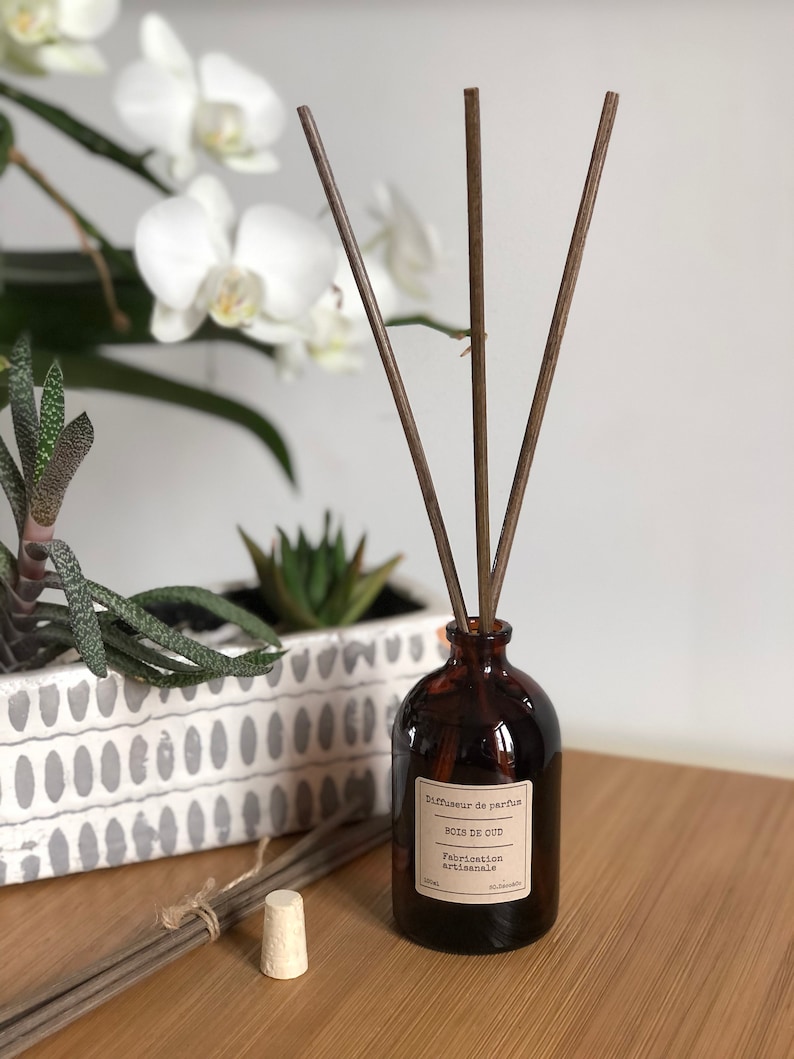 May include: A brown glass diffuser bottle with wooden reeds. The label reads "Bois de Oud, Fabrication artisanale." A bundle of reeds and a cork stopper are next to the bottle. White orchids and succulents are in the background.