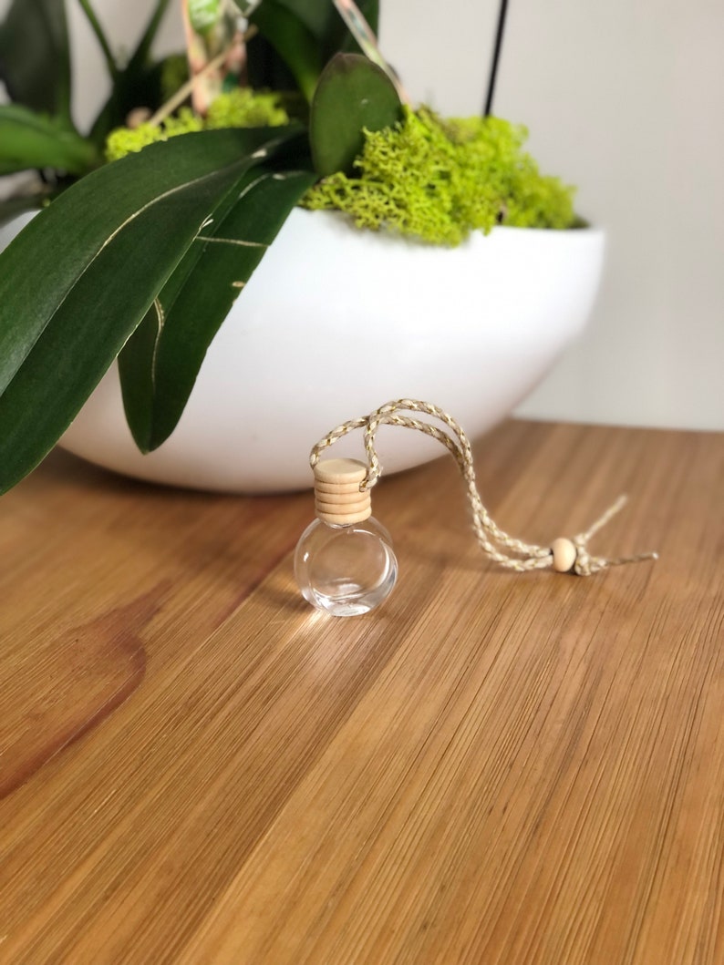 K&ouml;nnte beinhalten: Eine kleine, klare Glasflasche mit einem Holzstopfen und einer braunen Schnur, die daran h&auml;ngt. Die Flasche h&auml;ngt an einer wei&szlig;en Oberfl&auml;che.