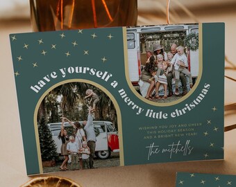 Sage Green & Gold Arch Christmas Card Template | Canva Christmas Card BOHO Editable Family Picture Holiday Card Instant Download