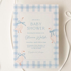 Invito baby shower Goose, invito baby shower classico, baby shower blu per maschietti, modello modificabile Canva per baby shower a quadri blu a quadretti